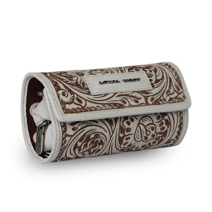 Small leather jewelry case by Myra USA in Ivory Dust with hand-tooled canyon design, compact and stylish for organizing jewelry.