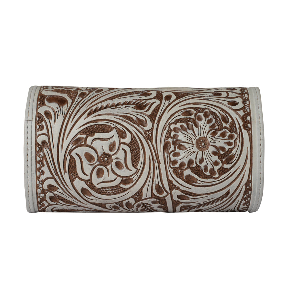Small ivory leather jewelry case with handtooled canyon design by Myra USA, compact and stylish for jewelry storage.