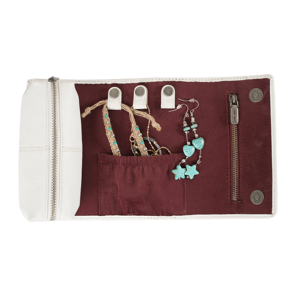 Small ivory dust leather jewelry case by Myra USA with hand-tooled canyon design, compact storage for necklaces, rings, and earrings.
