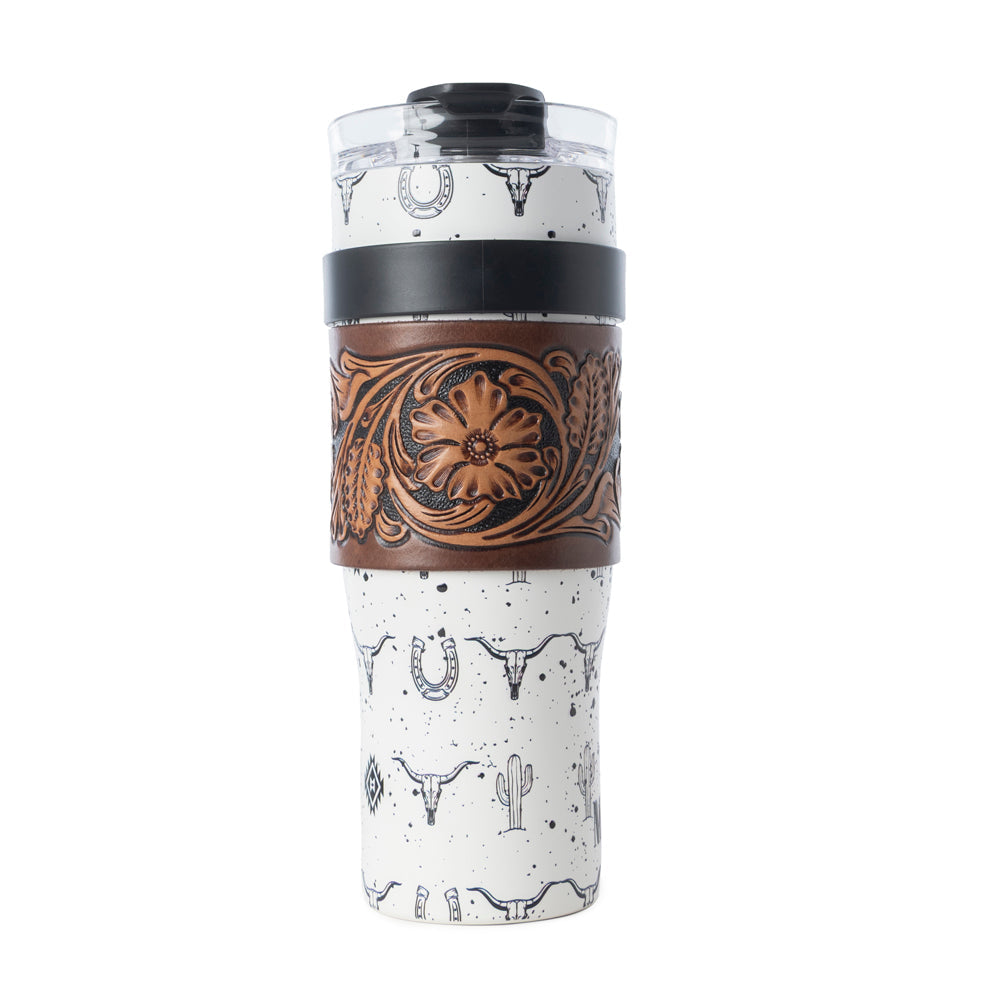 Myra USA Westmark Tooled Western Tumbler in white stainless steel with leather wrap and handle for outdoor use.