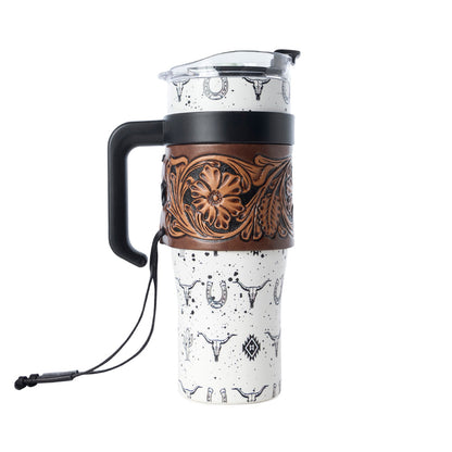 Myra USA Westmark Tooled Western Tumbler in white stainless steel with leather wrap and handle for outdoor use
