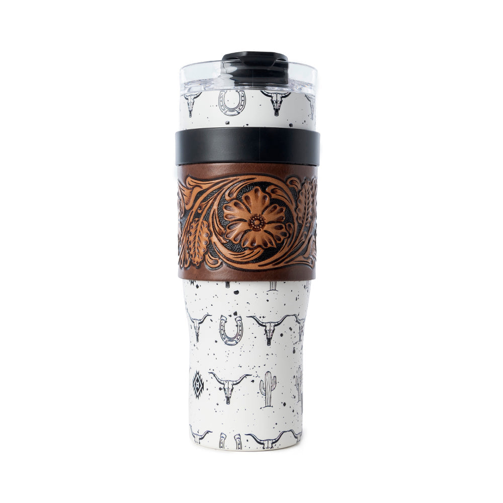 Myra USA Westmark Tooled Western Tumbler in white stainless steel with leather wrap and handle, designed for durable use.