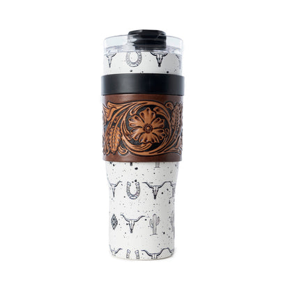 Myra USA Westmark Tooled Western Tumbler in white stainless steel with leather wrap and handle, designed for durable use.