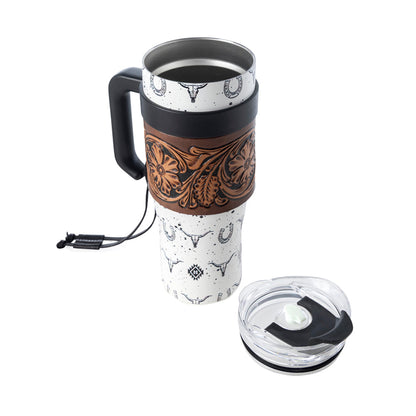 Myra USA Westmark Tooled Western Tumbler in white stainless steel with leather wrap and handle for durable outdoor use.