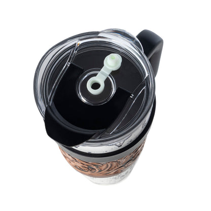 Myra USA Westmark Tooled Western Tumbler in white stainless steel with leather wrap and handle for stylish use.