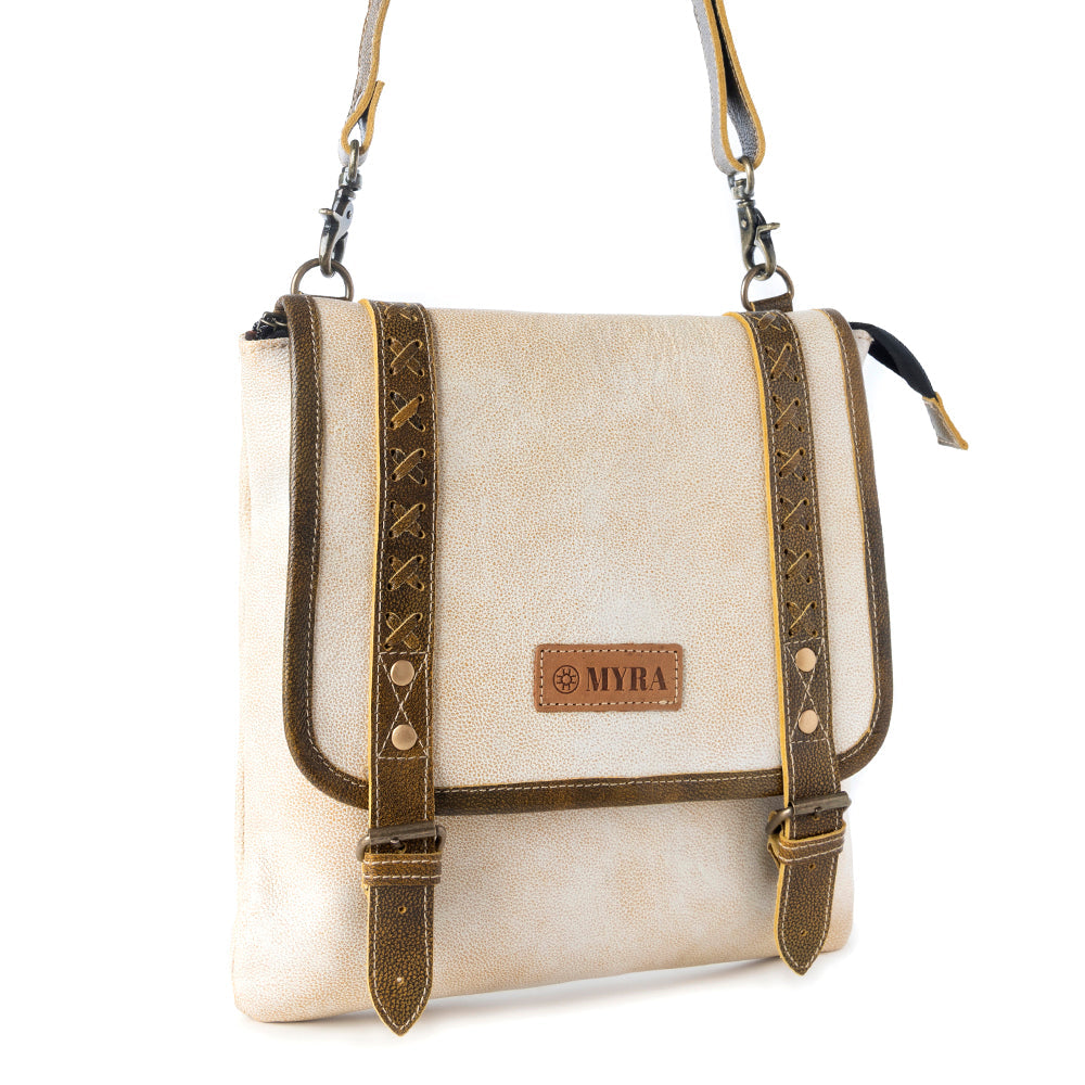 Myra USA Up-Cycled Canvas Bag in creme with leather details, Western-style concealed carry bag for women with spacious interior.