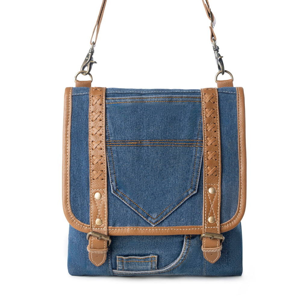 Myra USA upcycled canvas concealed-carry bag for women in denim blue with leather accents, vintage style and practical design