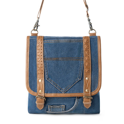 Myra USA upcycled canvas concealed-carry bag for women in denim blue with leather accents, vintage style and practical design
