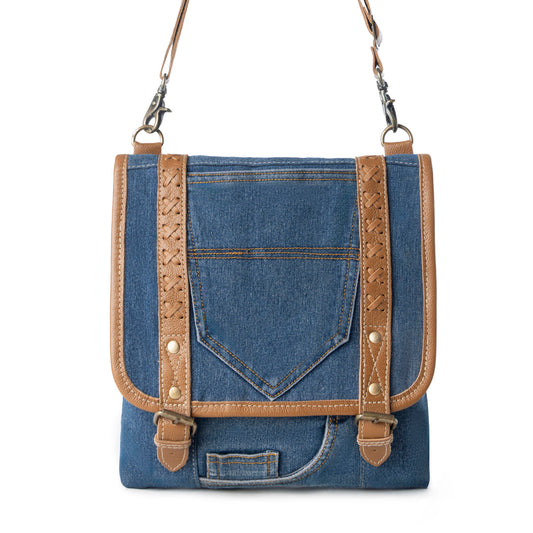 Myra USA upcycled canvas concealed-carry bag for women in denim blue with leather accents, vintage style and practical design