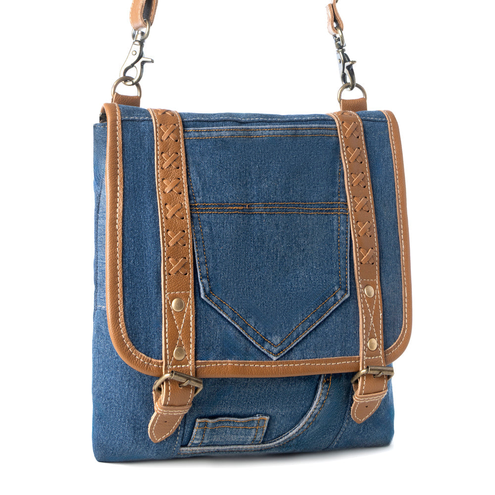 Myra USA upcycled canvas bag in denim blue with leather accents, vintage style concealed-carry bag for women.