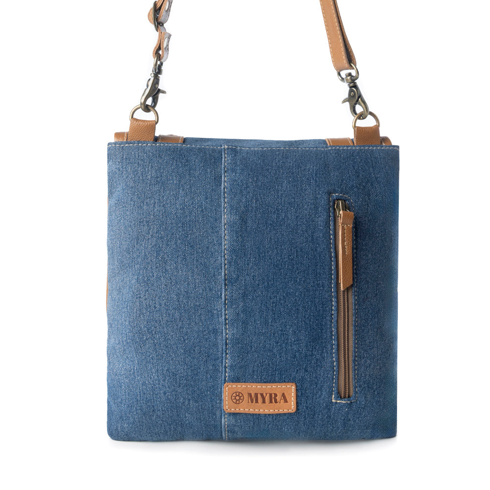 Myra USA upcycled canvas vintage-style concealed-carry bag for women in denim blue with leather accents.