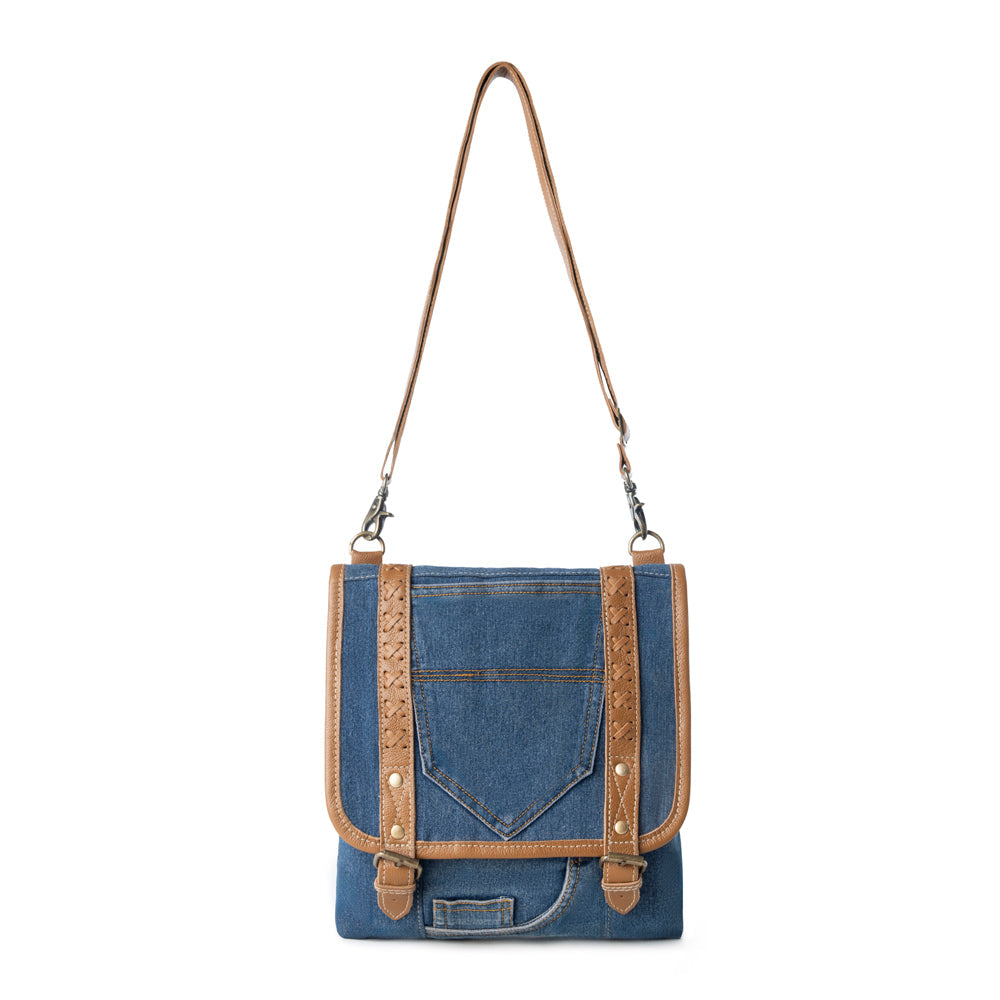Myra USA upcycled canvas vintage-style concealed-carry bag for women in denim blue with leather accents