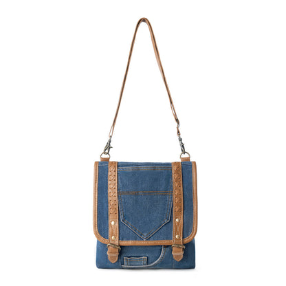 Myra USA upcycled canvas vintage-style concealed-carry bag for women in denim blue with leather accents