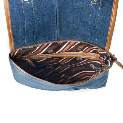 Myra USA upcycled canvas bag in denim blue with leather accents, vintage style concealed-carry bag for women.