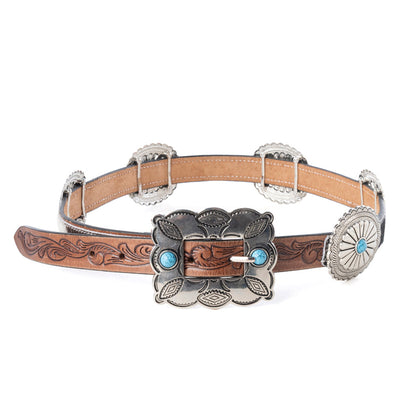 Myra USA women's Floracrest Hairon concho belt featuring hand-tooled leather and turquoise stone buckle, stylish accessory for women.