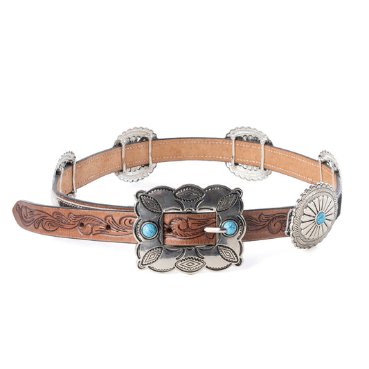 Myra USA women's Floracrest Hairon concho belt featuring hand-tooled leather and turquoise stone buckle, stylish accessory for women.