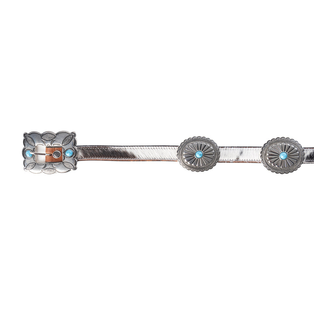 Myra USA Floracrest women's concho belt with handtooling and turquoise stone buckle, black and white leather design.