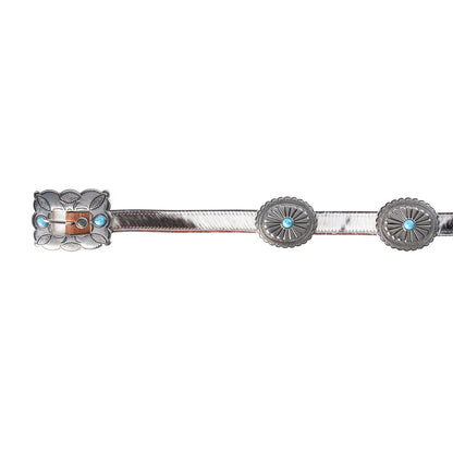 Myra USA Floracrest women's concho belt with handtooling and turquoise stone buckle, black and white leather design.