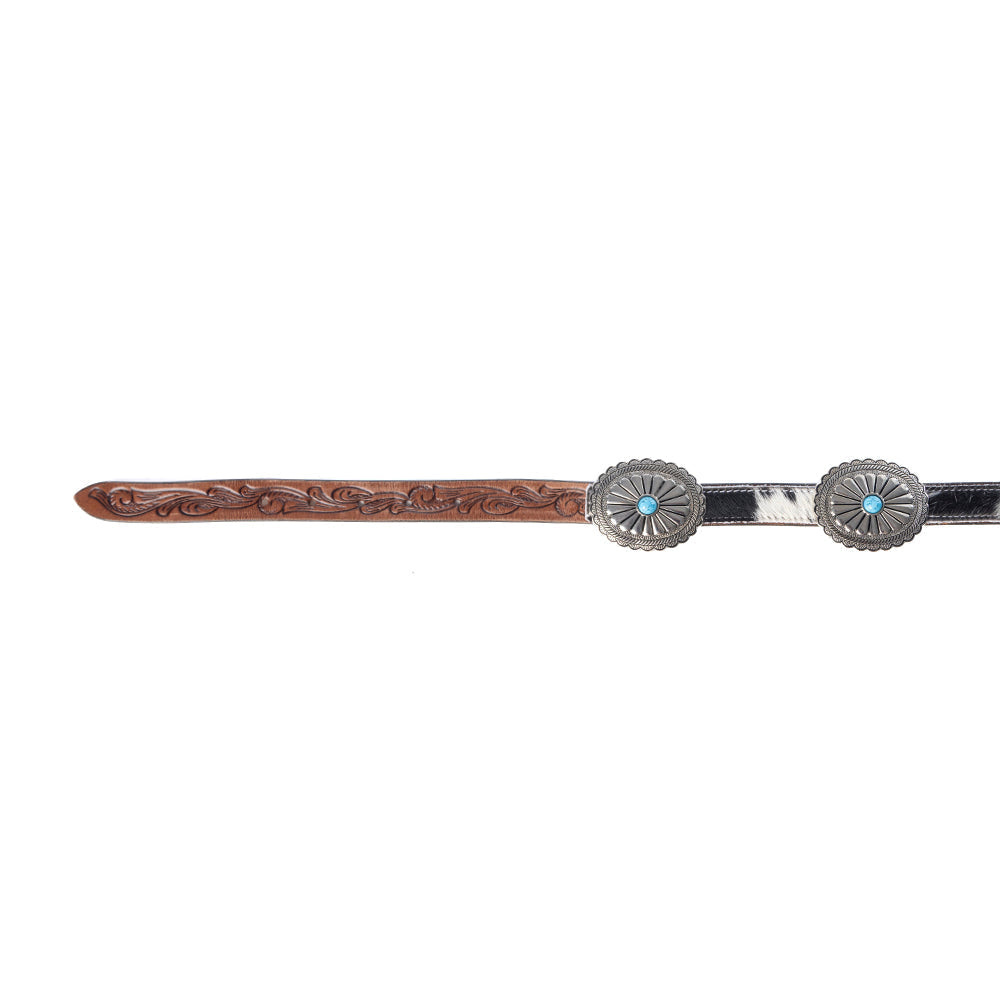 Myra USA women's Floracrest Hairon Concho Belt with handtooling and turquoise stone buckle, black and white leather design