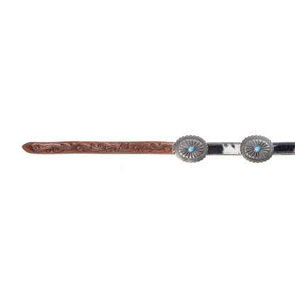 Myra USA women's Floracrest Hairon Concho Belt with handtooling and turquoise stone buckle, black and white leather design