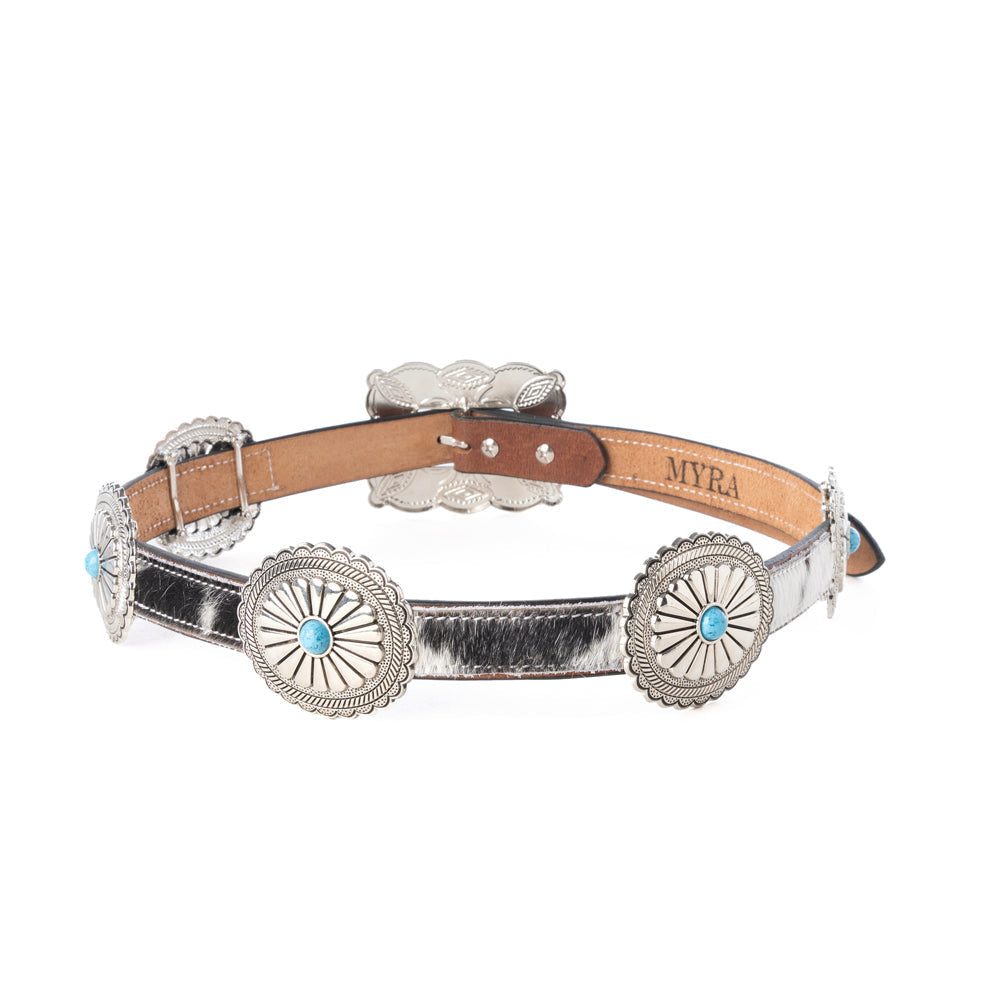 Myra USA women's Floracrest Hairon concho belt with handtooling and turquoise stone buckle, black and white leather style.