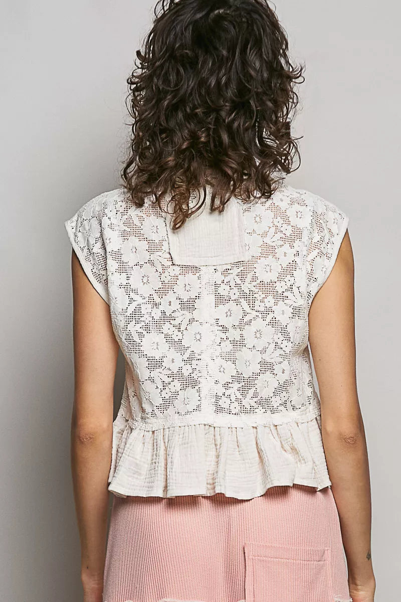 Polished Trendsi sleeveless round neck lace top with double gauze ruffle, perfect for stylish summer wear.