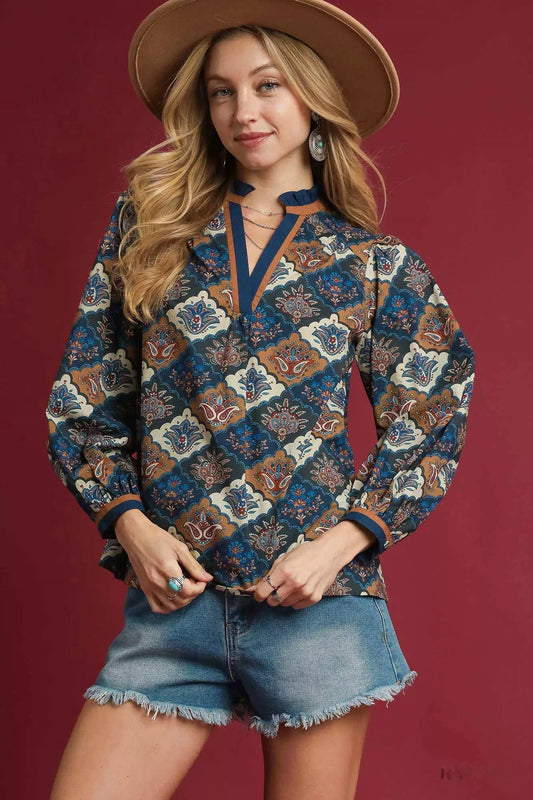 Navy mix Umgee abstract print ruffle neck top with long sleeves and relaxed fit, stylish casual blouse.