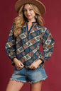 Navy mix Umgee abstract print ruffle neck top with long sleeves and relaxed fit, stylish casual blouse.