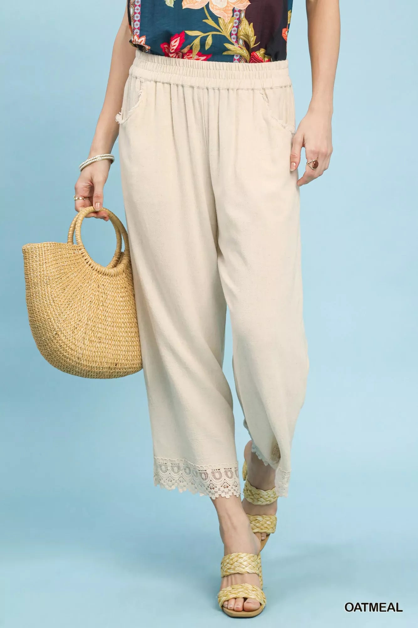 Oatmeal Umgee linen wide-leg cropped pants with lace trim, stylish and lightweight for a relaxed, fashionable look.
