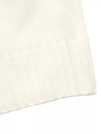 Off-white Bow Graphic Round Neck Sweater by Trendsi showing a cozy knit sweater with bow graphic design and round neckline.