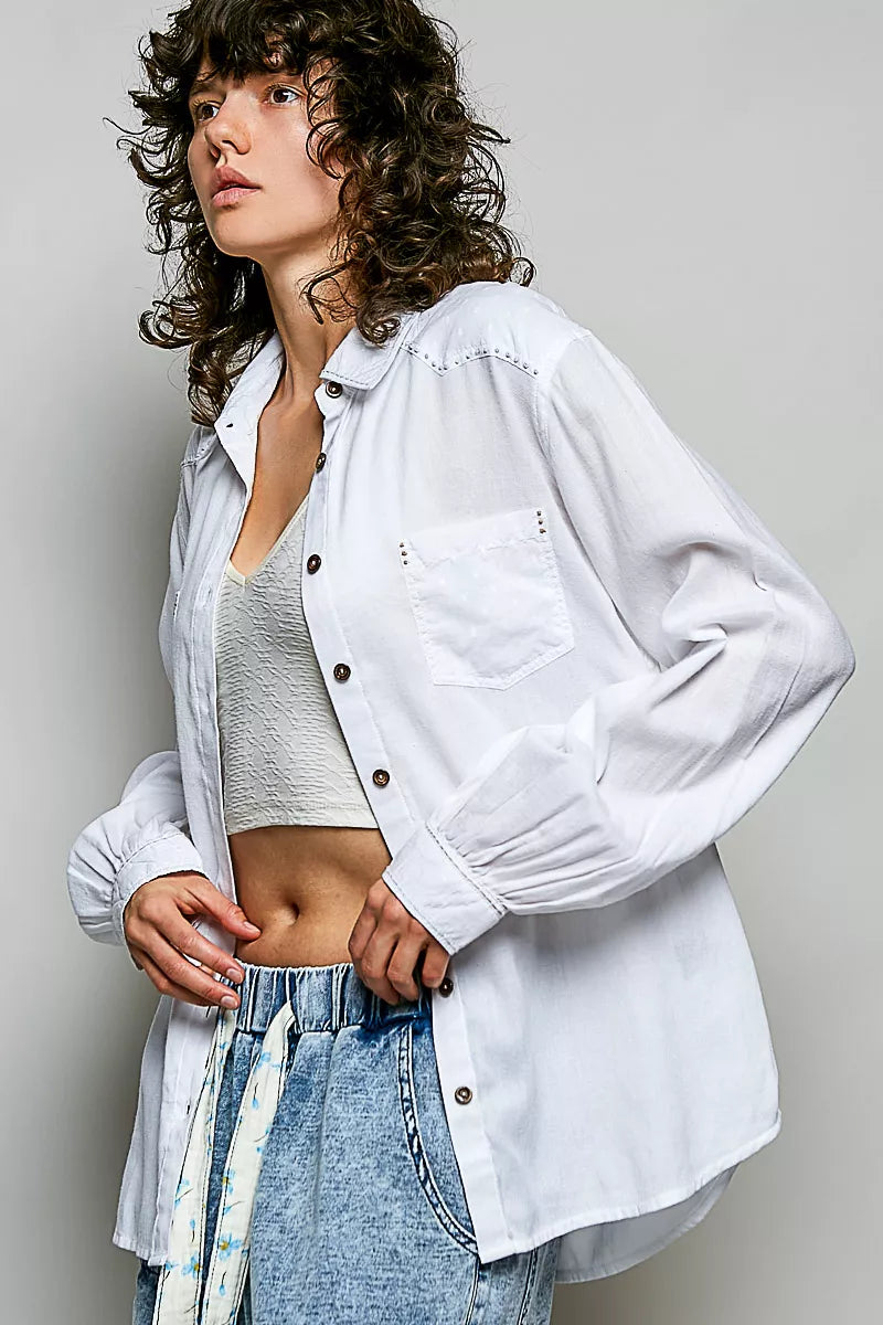 Off-white POL washed textured cotton western button-front shirt by Trendsi displayed flat, showcasing the fabric and Western-style design.