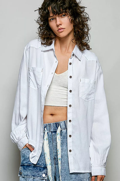 Off-white POL washed textured cotton Western button-front shirt by Trendsi, featuring a classic Western style and button details.