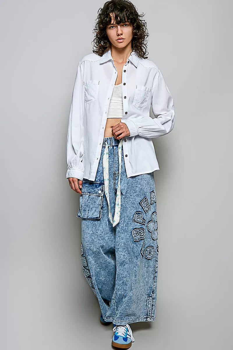 Off-white POL Washed Textured Cotton Western Button Front Shirt by Trendsi, featuring a classic Western style with textured cotton fabric.