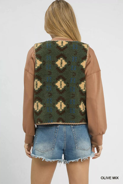 Olive mix Umgee patterned Sherpa tie-front vest with cozy texture and stylish design, perfect for layered fall outfits.