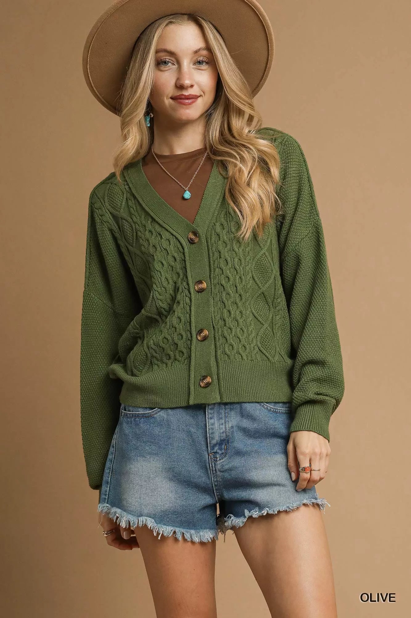 Olive green Umgee chunky cable knit V-neck button-up cardigan with long sleeves and front buttons, cozy and stylish.