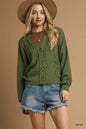 Olive green Umgee chunky cable knit V-neck button-up cardigan with long sleeves and front buttons, cozy and stylish.