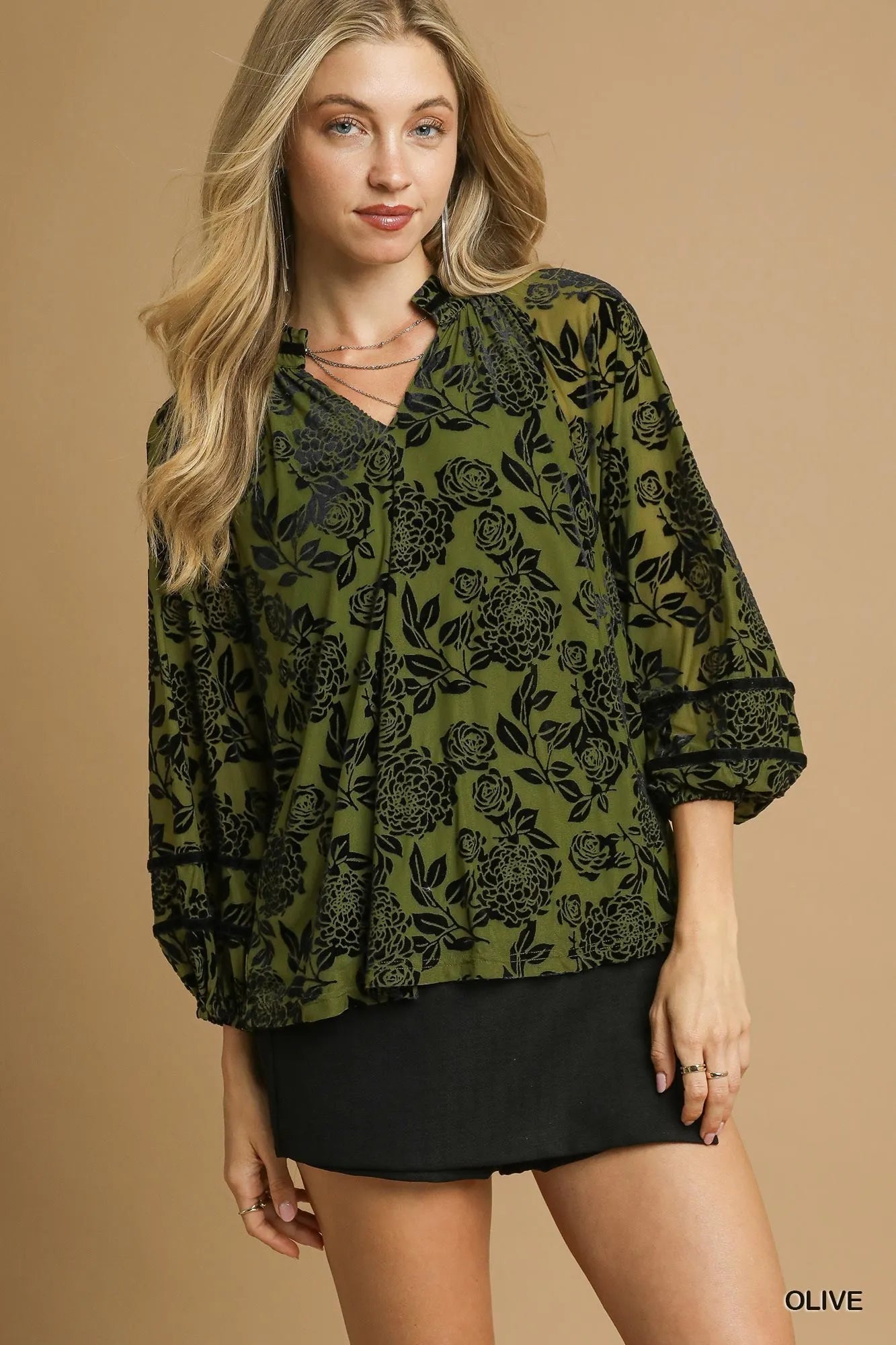Olive green plus size floral velvet blouse with balloon sleeves from Umgee, styled by Trendsi.