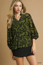 Olive green plus size floral velvet blouse with balloon sleeves from Umgee, styled by Trendsi.