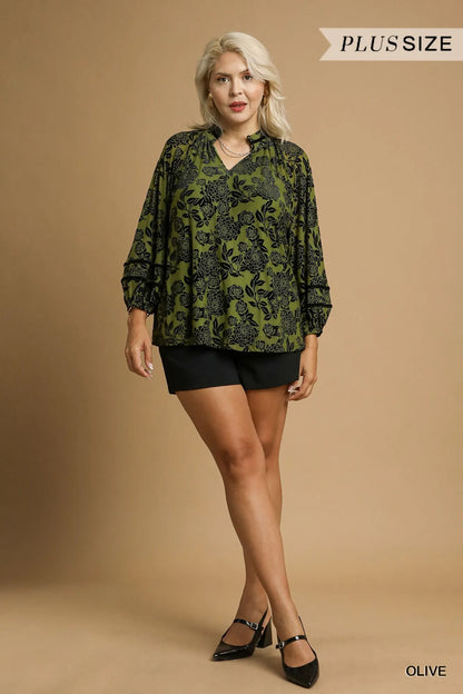 Olive green Umgee floral velvet blouse with balloon sleeves, plus size, featuring a relaxed fit and elegant floral pattern.