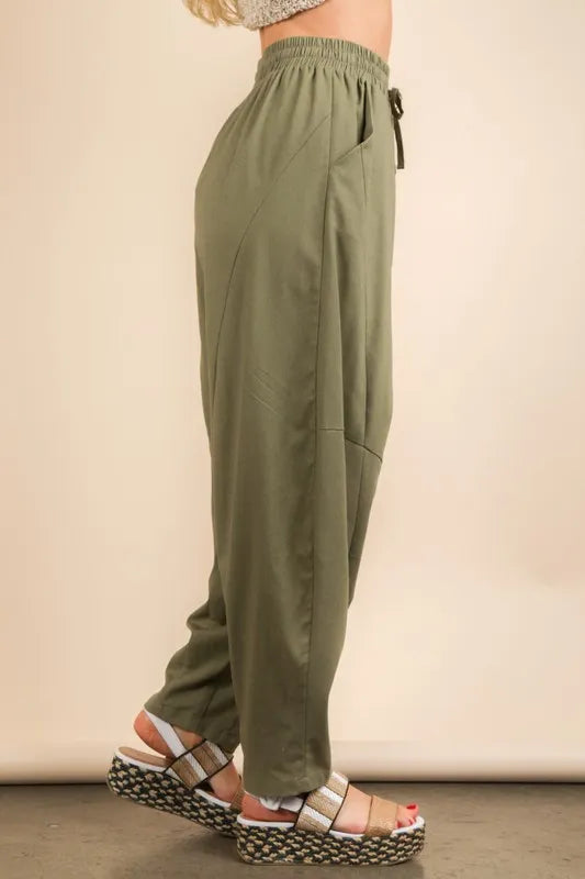 Olive green Very J Solid Barrel Comfy Woven Pants with a relaxed fit, featuring a woven texture and barrel-leg style.