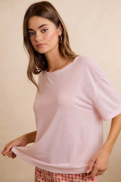 Pale lavender BiBi solid jersey relaxed fit short sleeve pocket top by Trendsi, soft fabric with casual style and front pocket detail.