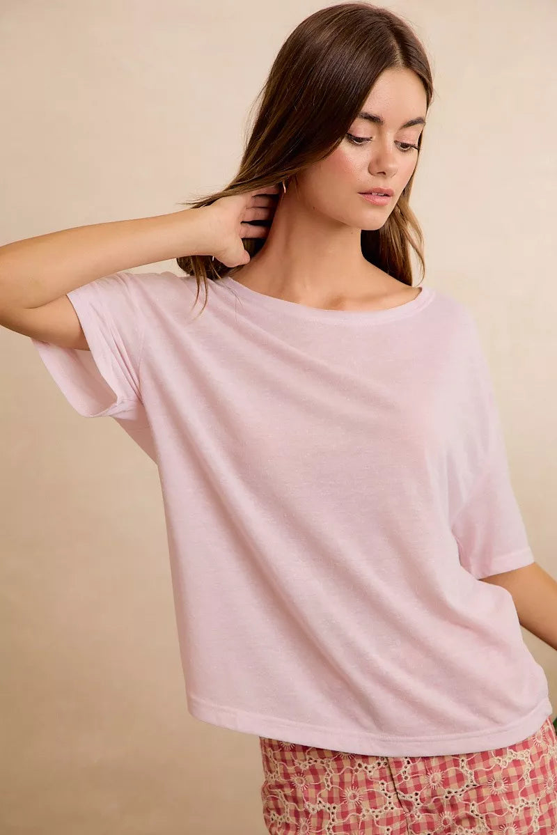 Pale lavender BiBi solid jersey relaxed fit short sleeve top with a pocket, casual style from Trendsi.