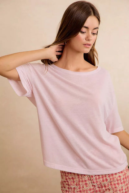 Pale lavender BiBi solid jersey relaxed fit short sleeve top with a pocket, casual style from Trendsi.