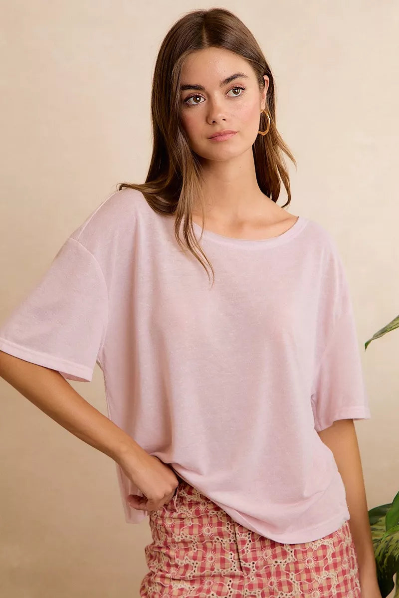 Pale lavender BiBi solid jersey relaxed fit short sleeve top with a pocket, casual style, by Trendsi.