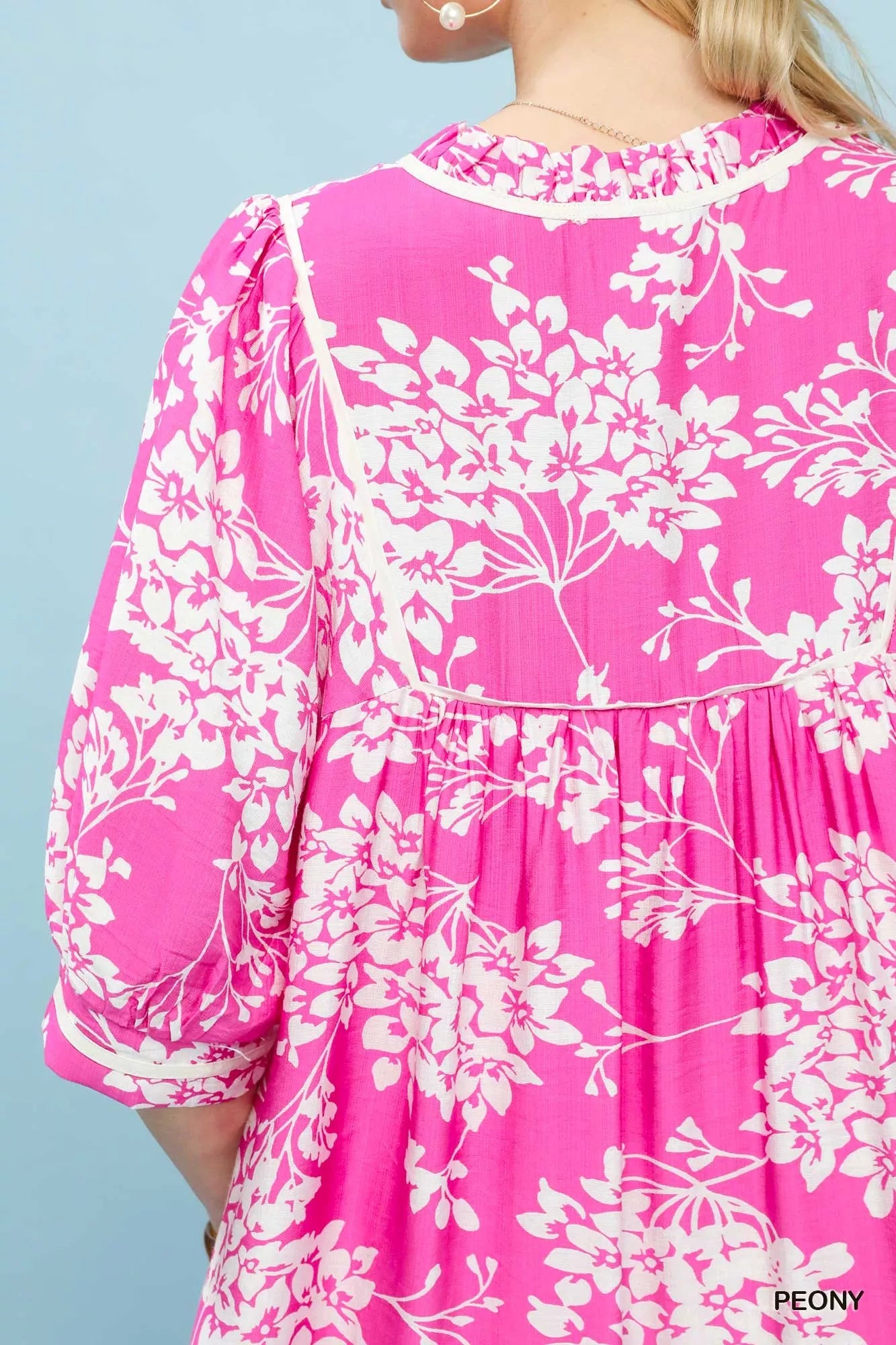 Peony floral Umgee babydoll dress with pockets, lightweight fabric, and a relaxed fit, perfect for casual summer wear.