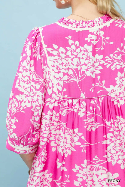 Peony floral Umgee babydoll dress with pockets, lightweight fabric, and a relaxed fit, perfect for casual summer wear.