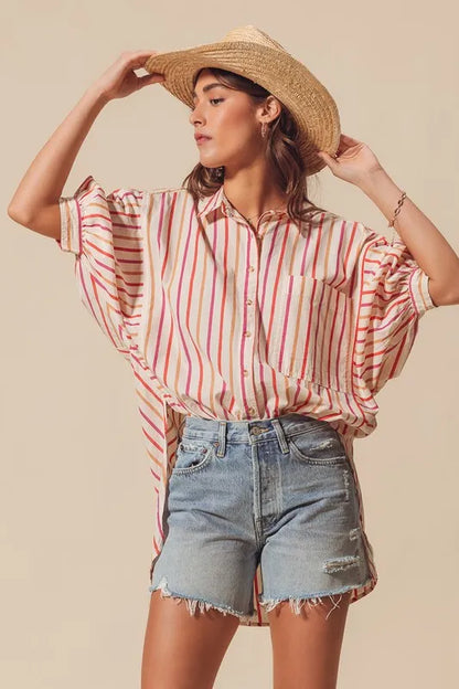 Pink multicolored stripe button-down shirt from SO ME by Trendsi, featuring a classic collar and long sleeves.