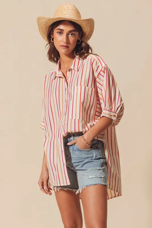 Pink multicolored stripe button-down shirt from SO ME by Trendsi, featuring a casual fit and vibrant pattern.