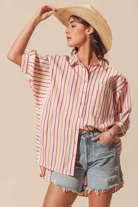 Pink multicolored stripe button-down shirt from SO ME by Trendsi, featuring a classic collar and long sleeves.