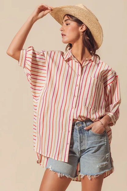 Pink multicolored stripe button-down shirt from SO ME by Trendsi, featuring a classic collar and long sleeves.